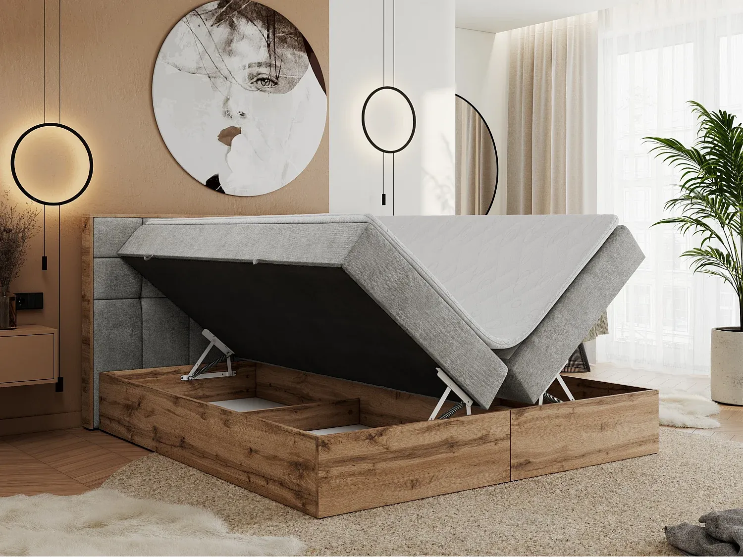 Boxspringbett mit Gepolstertem Kopfteil und Multipocket-Matratze - 140x200 cm - H3 - Hellgrau