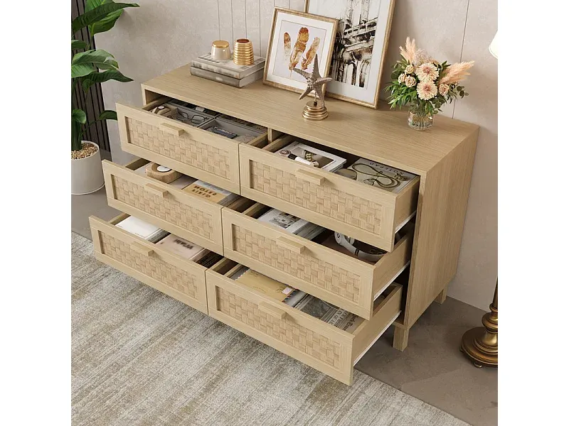 Holzkommode mit 6 Rattanschubladen, Naturhell