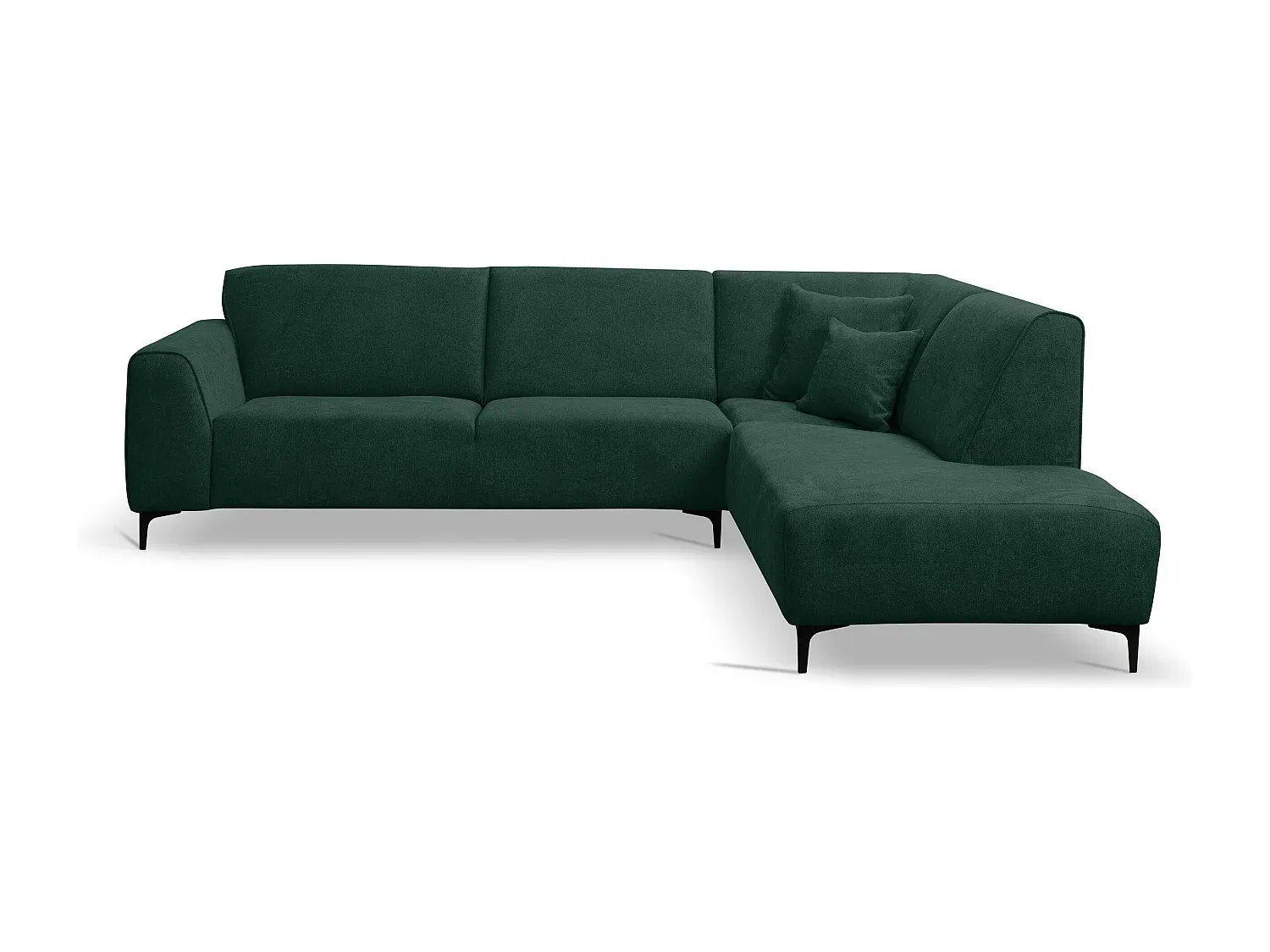 Grünes Ecksofa in L-Form mit Veloursbezug und rechter Ottomane