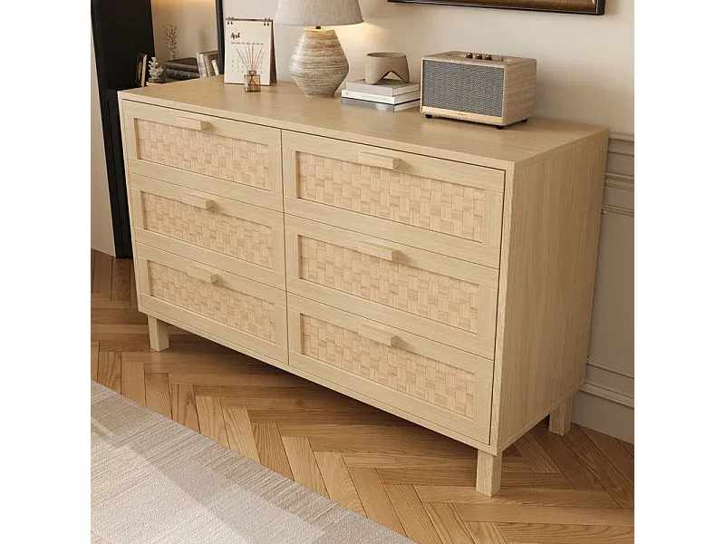 Holzkommode mit 6 Rattanschubladen, Naturhell