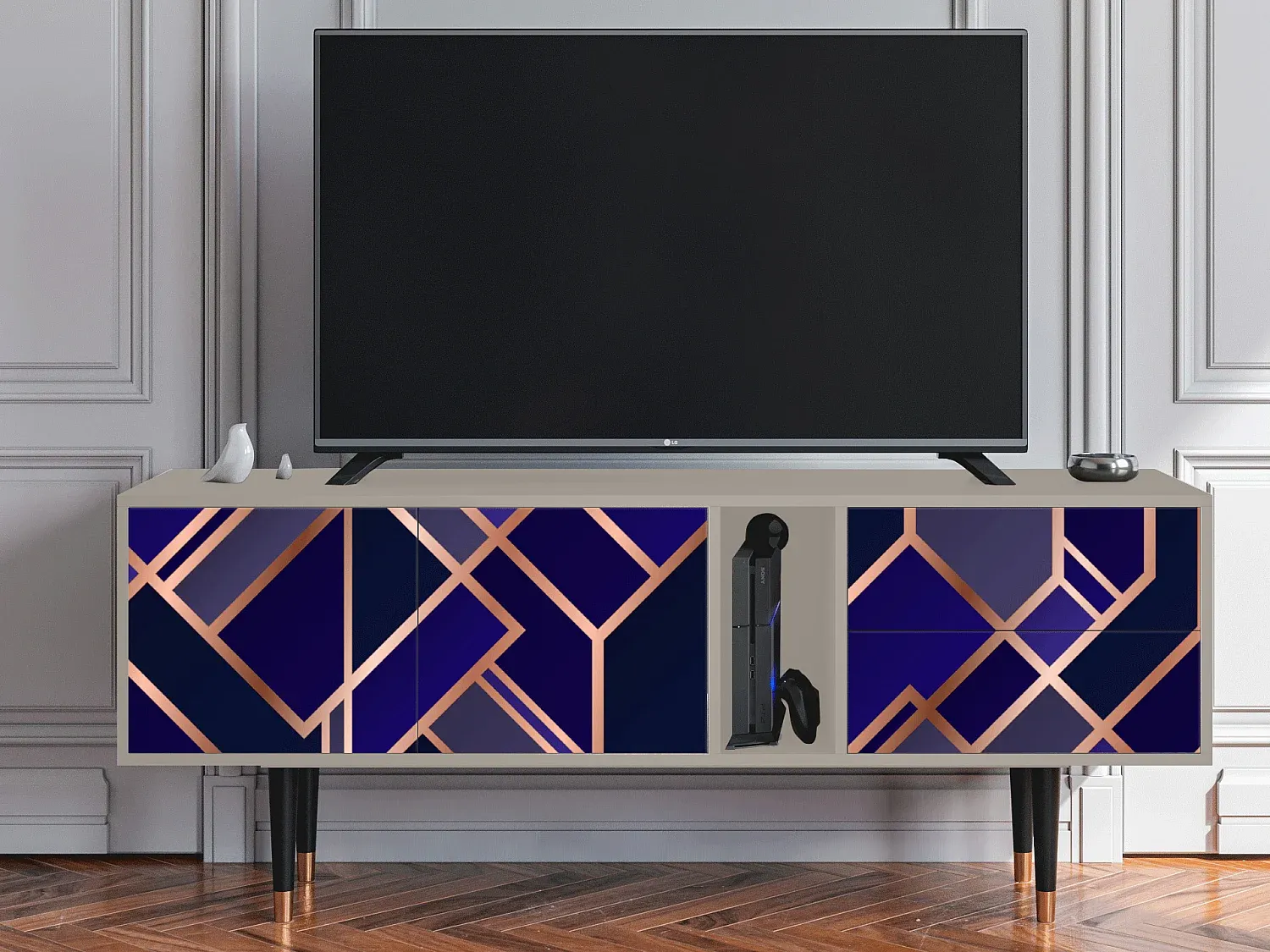 Fernsehschrank in Aquamarin mit Sandakzenten, 170x69x48 cm