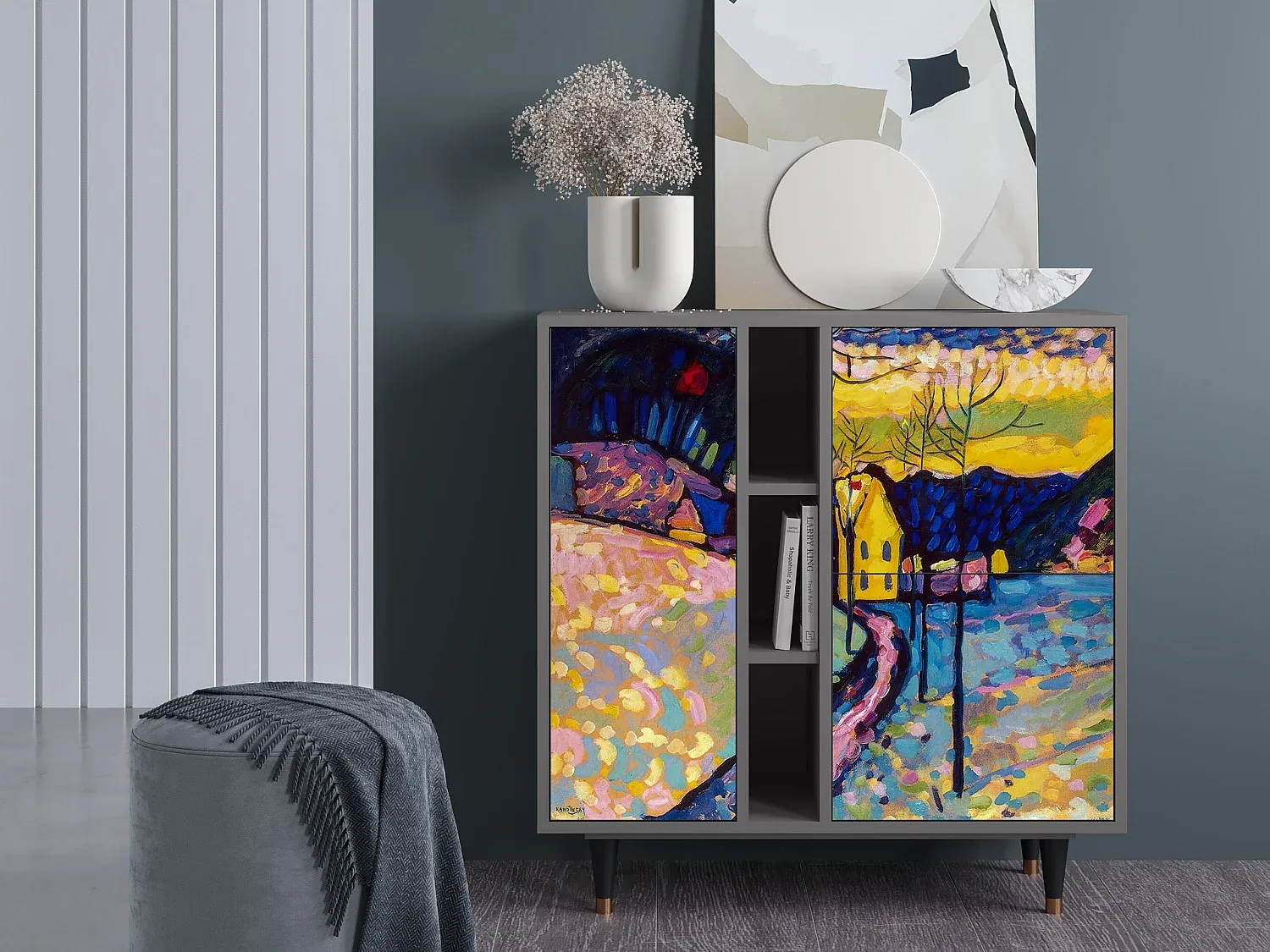 Holz-Sideboard mit Winterlandschaftsgrafik in Grau