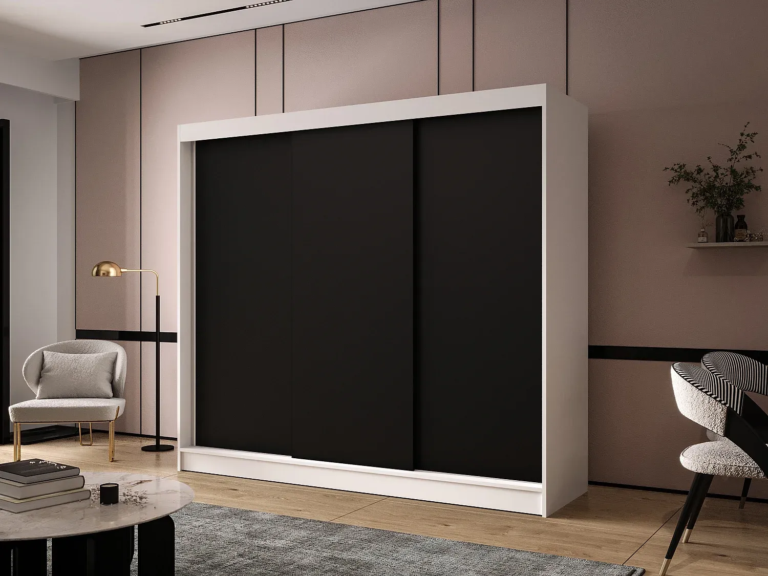 Drehtüriger Kleiderschrank mit Regalböden und Kleiderstange in Weiß/Schwarz