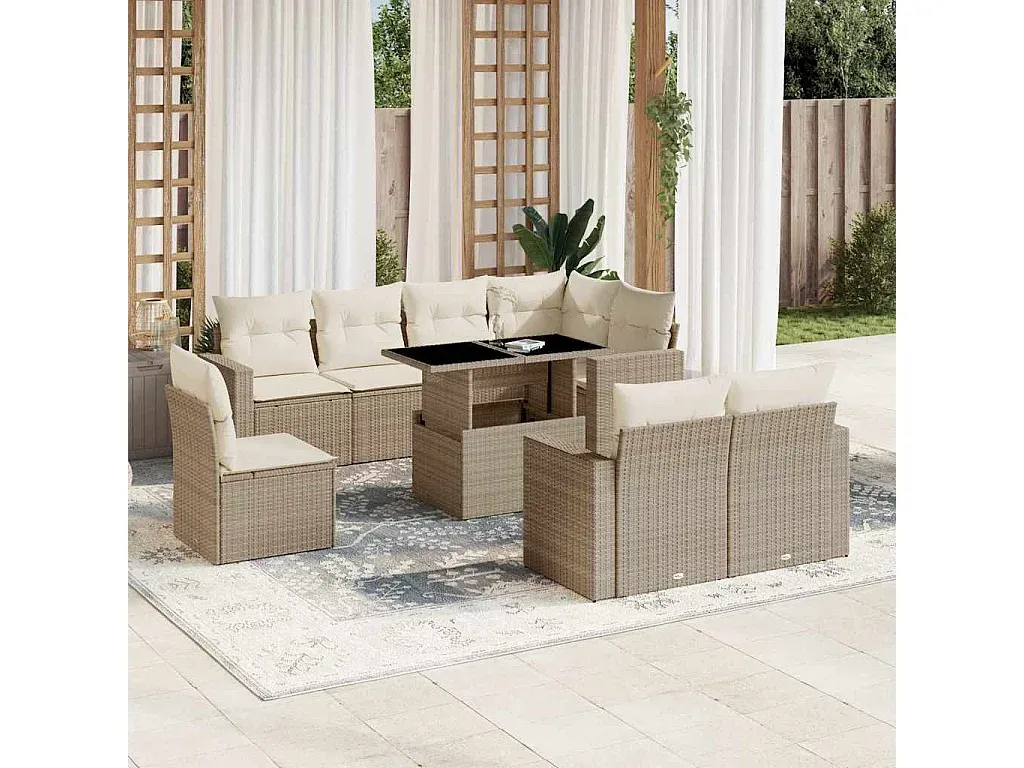 Garten-Lounge-Set aus Poly Rattan mit Kissen, Beige