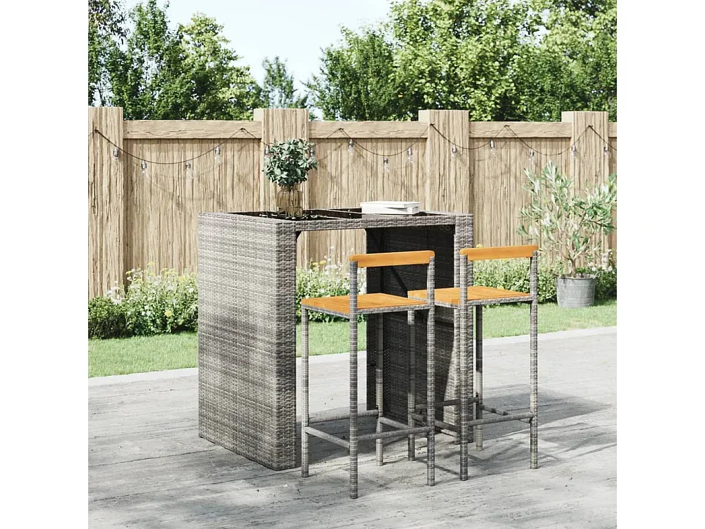 Zwei Barhocker aus Poly Rattan und Akazienholz, Grau