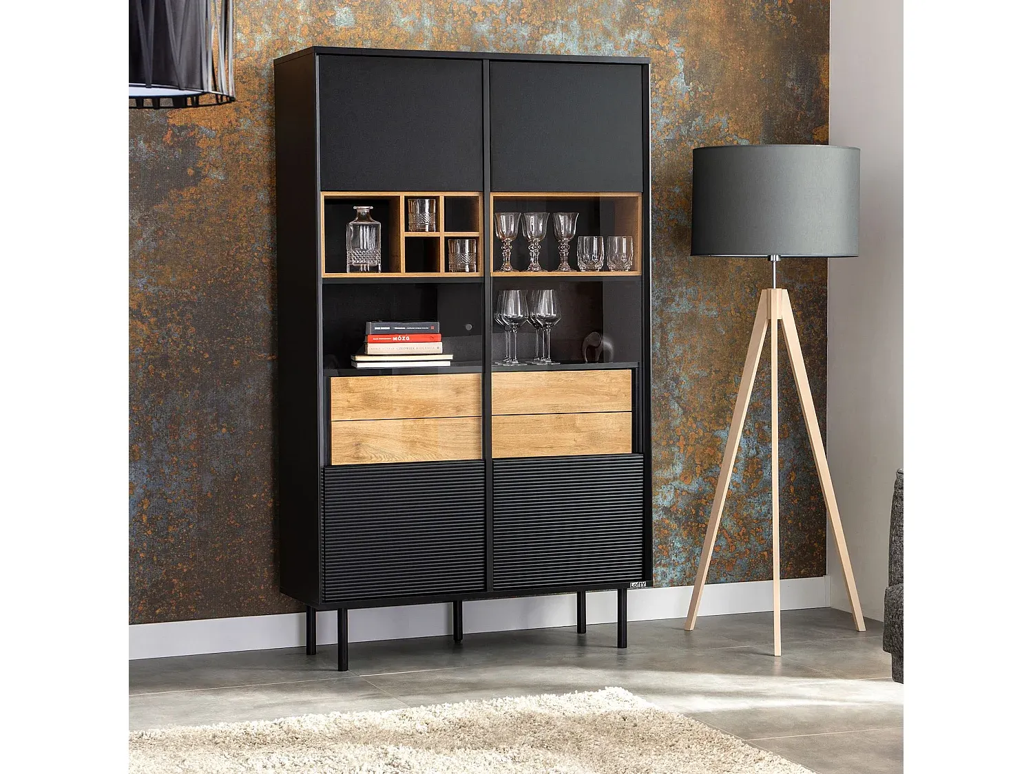 Moderner Vitrinenschrank mit Kreuzdesign - Schwarz und Eiche