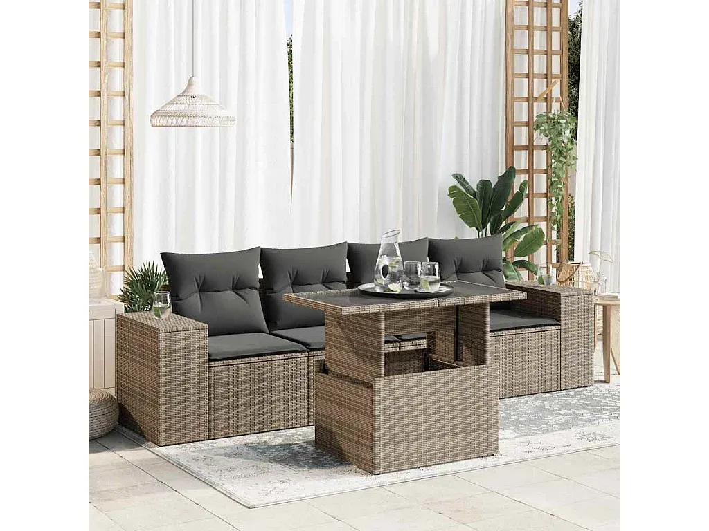 Moderne Gartensofagarnitur mit Kissen, Grau, Poly Rattan