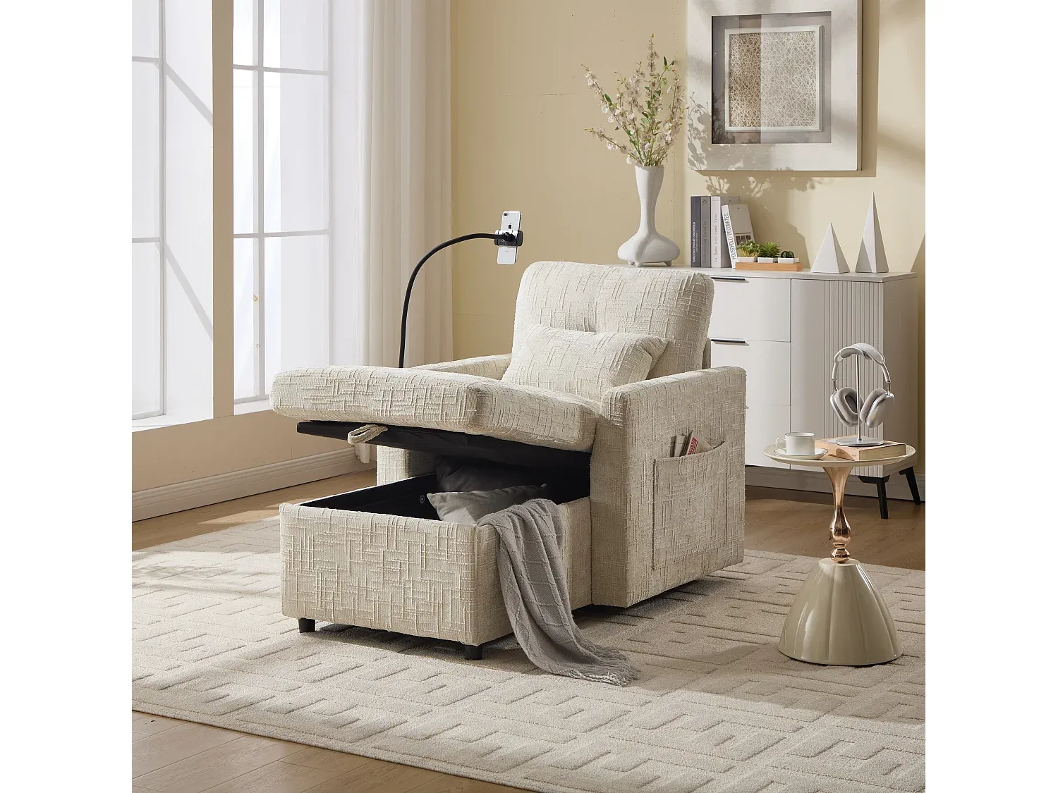 Loungesofa mit Stauraum und Handyhalter in Beige