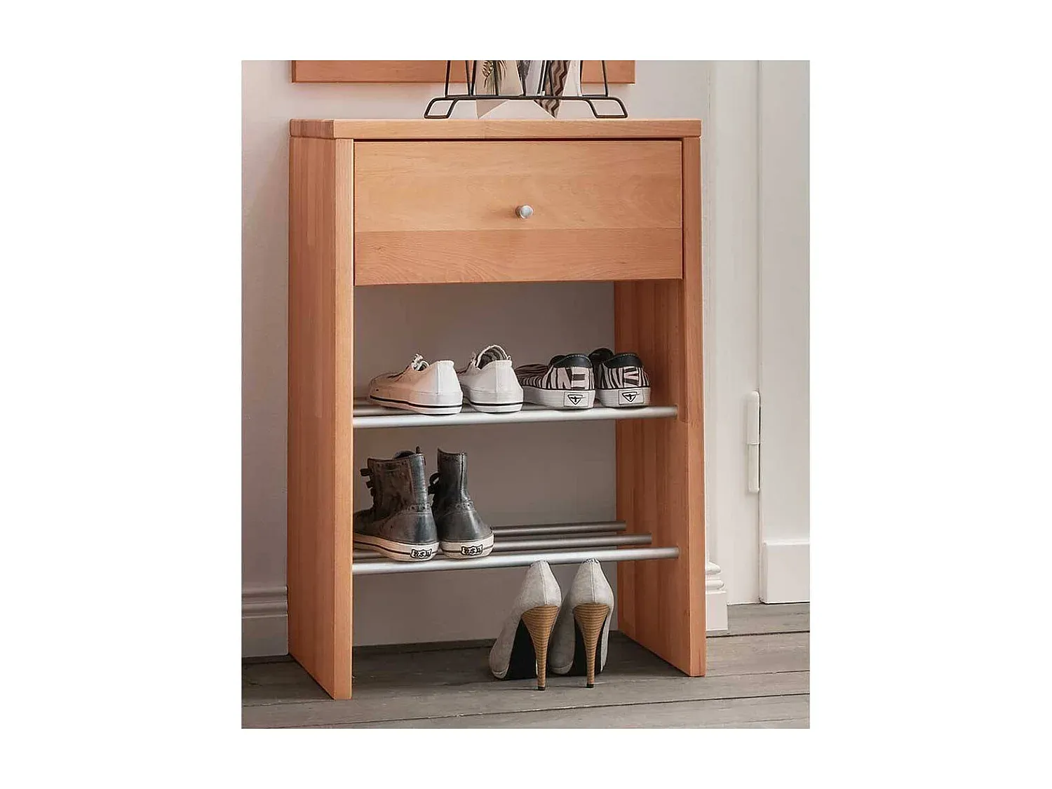 Bücherregal aus massivem Buchenholz mit Schublade