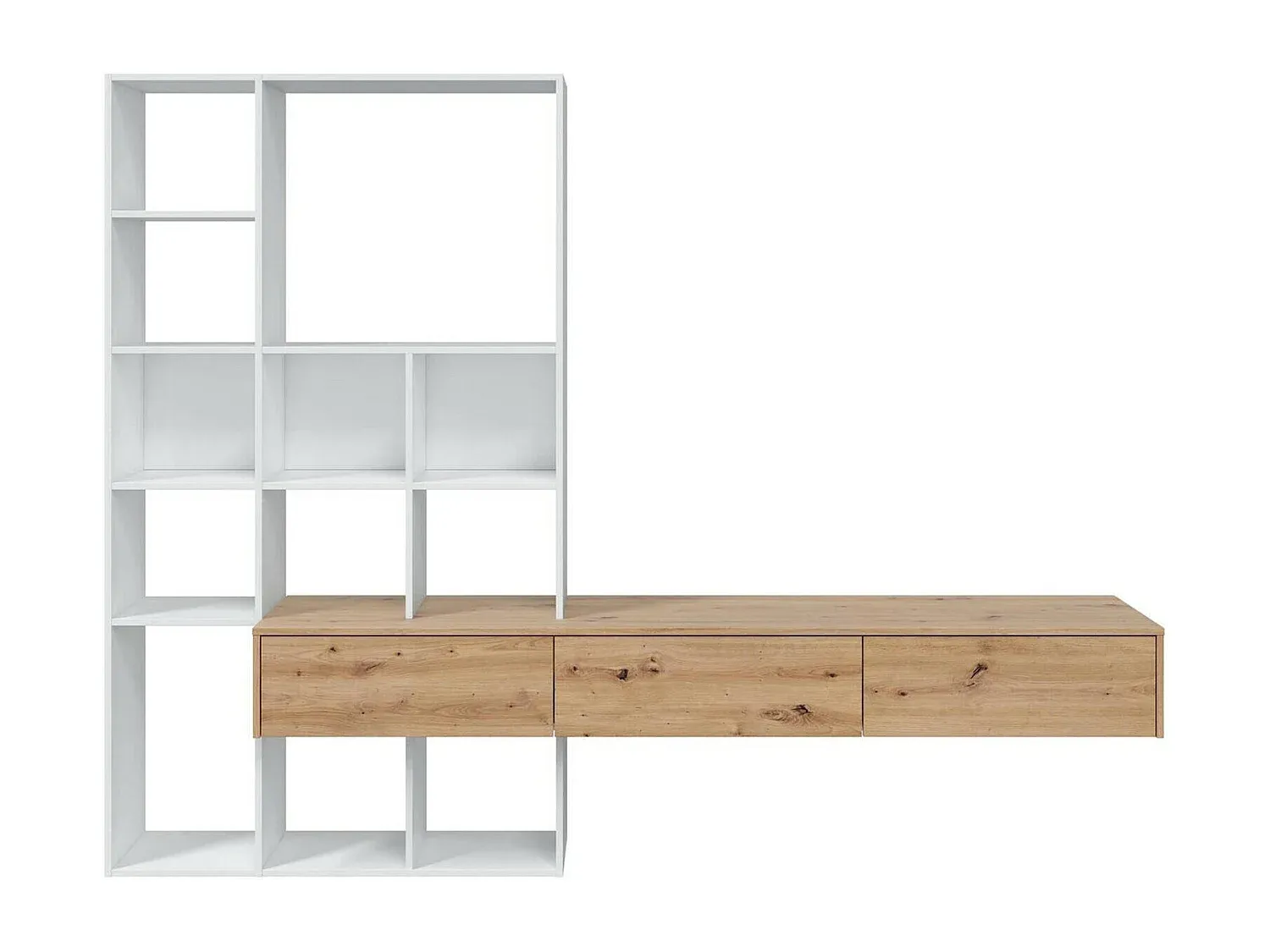 Modularer Wohnzimmerschrank mit Regalen und Schubladen, weiß und Eiche