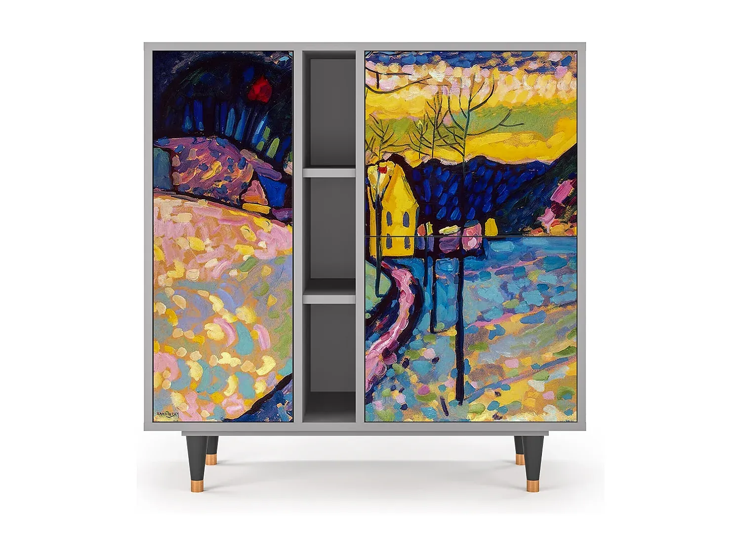 Holz-Sideboard mit Winterlandschaftsgrafik in Grau