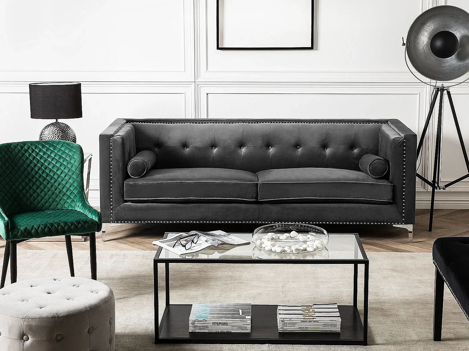 Elegantes 3-Sitzer Sofa aus Samt in Dunkelgrau