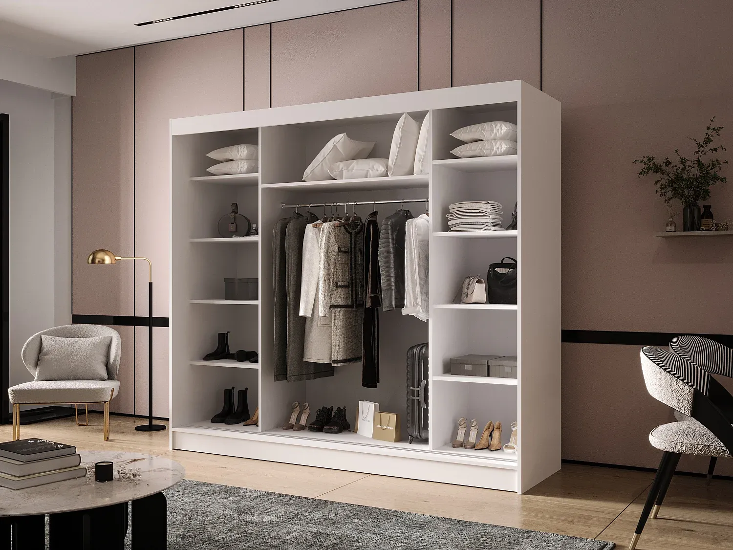 Drehtüriger Kleiderschrank mit Regalböden und Kleiderstange in Weiß/Schwarz