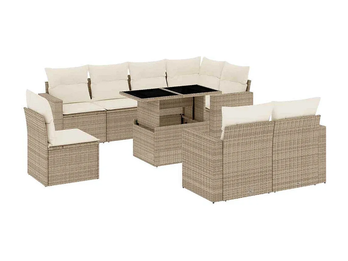 Garten-Lounge-Set aus Poly Rattan mit Kissen, Beige
