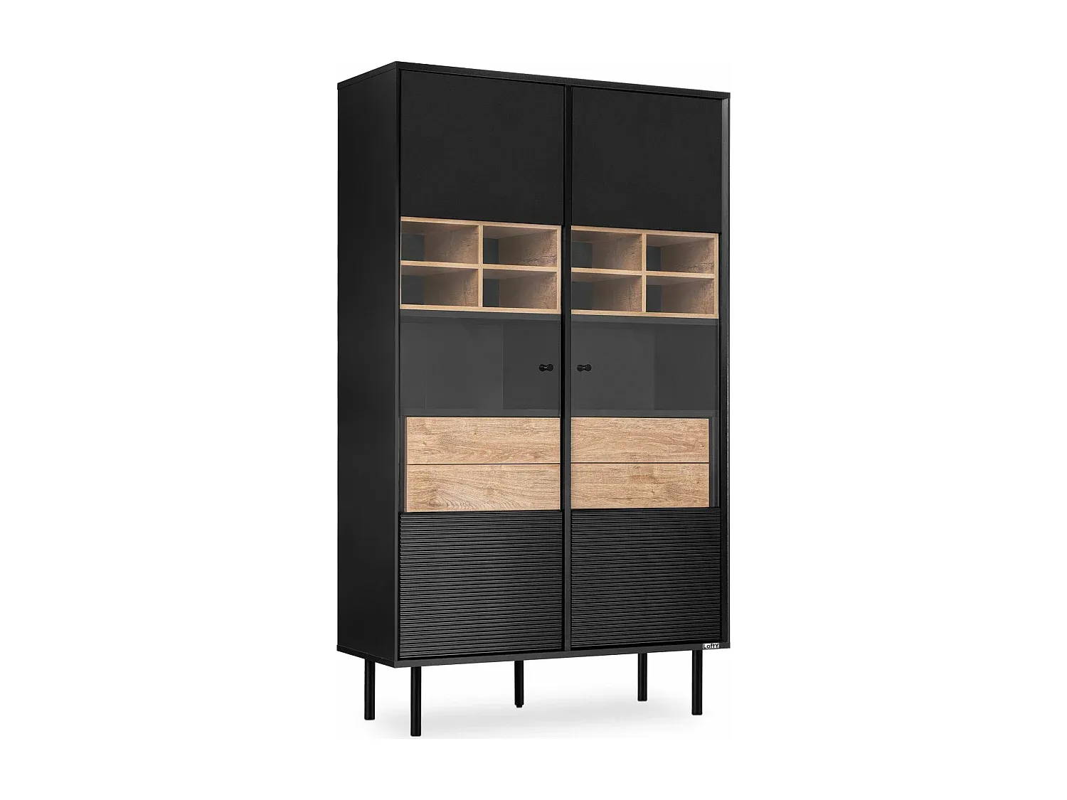 Moderner Vitrinenschrank mit Kreuzdesign - Schwarz und Eiche
