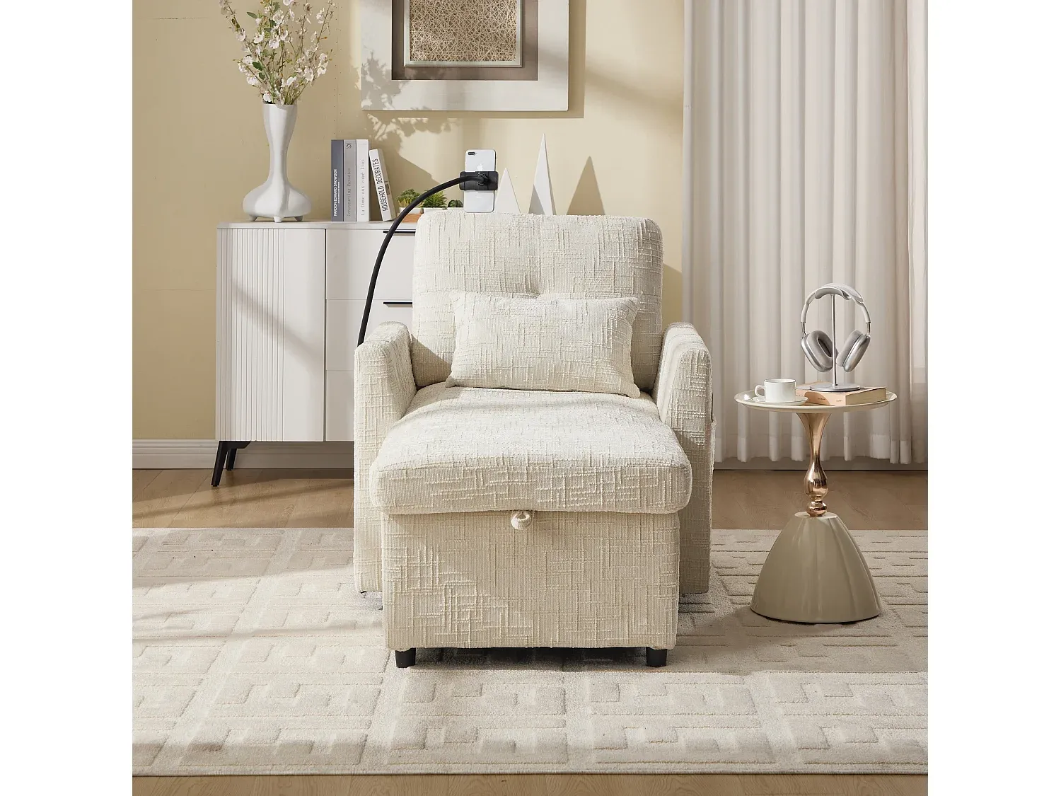 Loungesofa mit Stauraum und Handyhalter in Beige