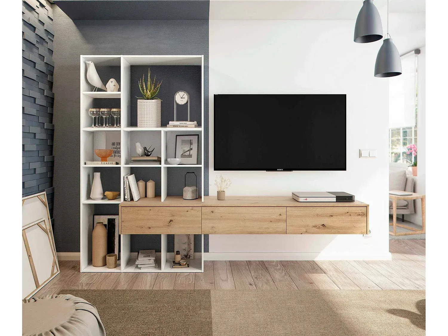 Modularer Wohnzimmerschrank mit Regalen und Schubladen, weiß und Eiche