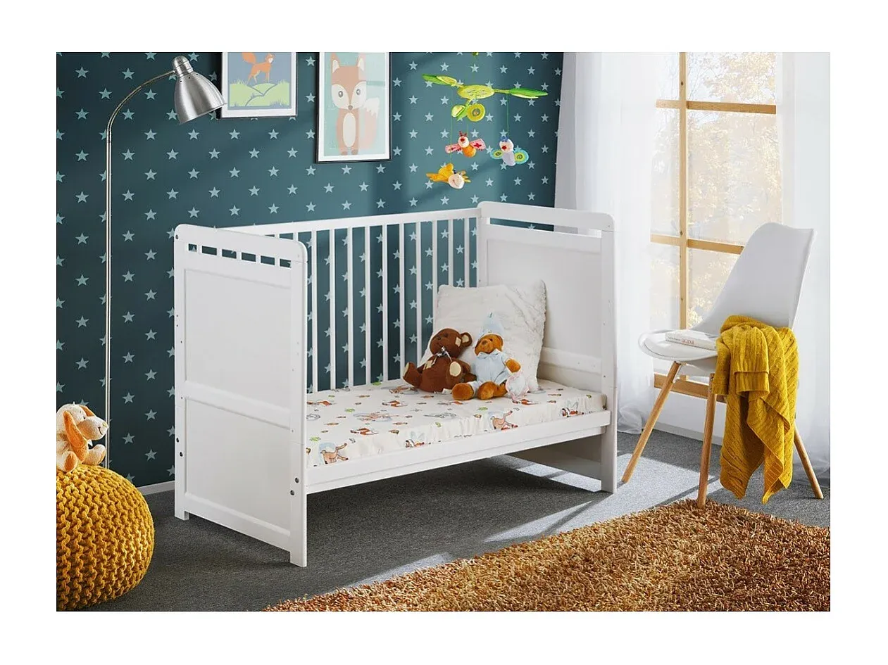 Höhenverstellbares Babybett mit Matratze in Mattweiß