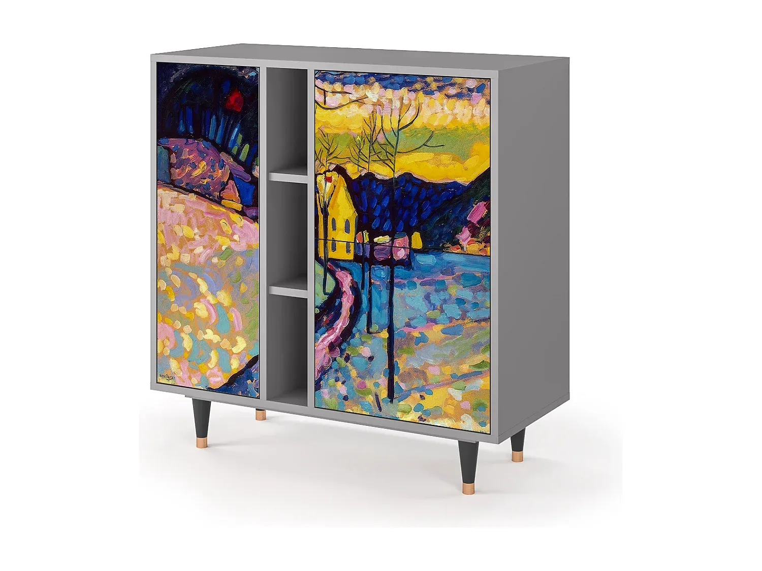 Holz-Sideboard mit Winterlandschaftsgrafik in Grau