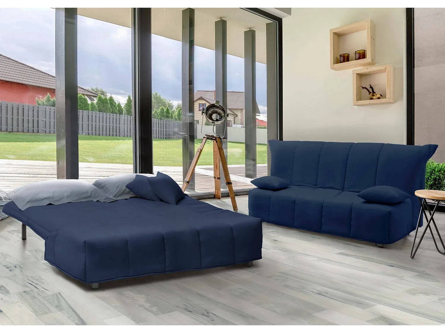 Schlafsofa, 3-Sitzer, bequemes Wohnzimmersofa mit einfacher Öffnung, Polsterstoff, inklusive Kissen, Blau