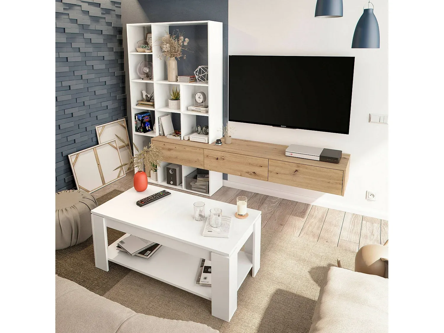 Modularer Wohnzimmerschrank mit Regalen und Schubladen, weiß und Eiche