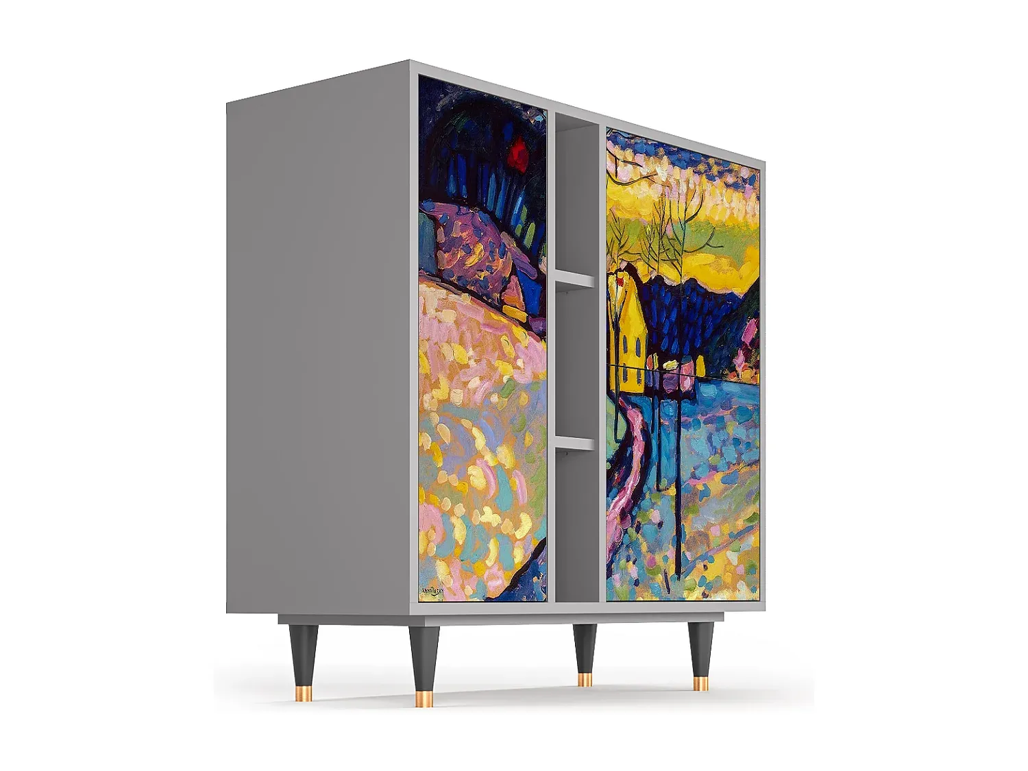 Holz-Sideboard mit Winterlandschaftsgrafik in Grau