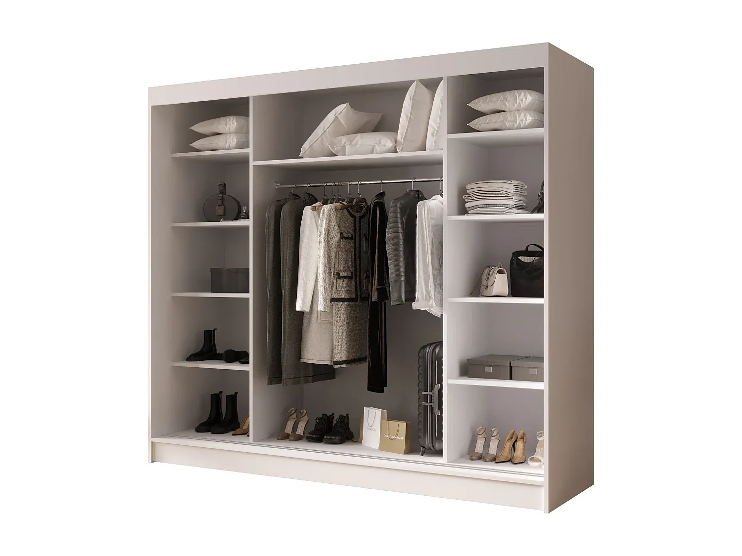 Drehtüriger Kleiderschrank mit Regalböden und Kleiderstange in Weiß/Schwarz