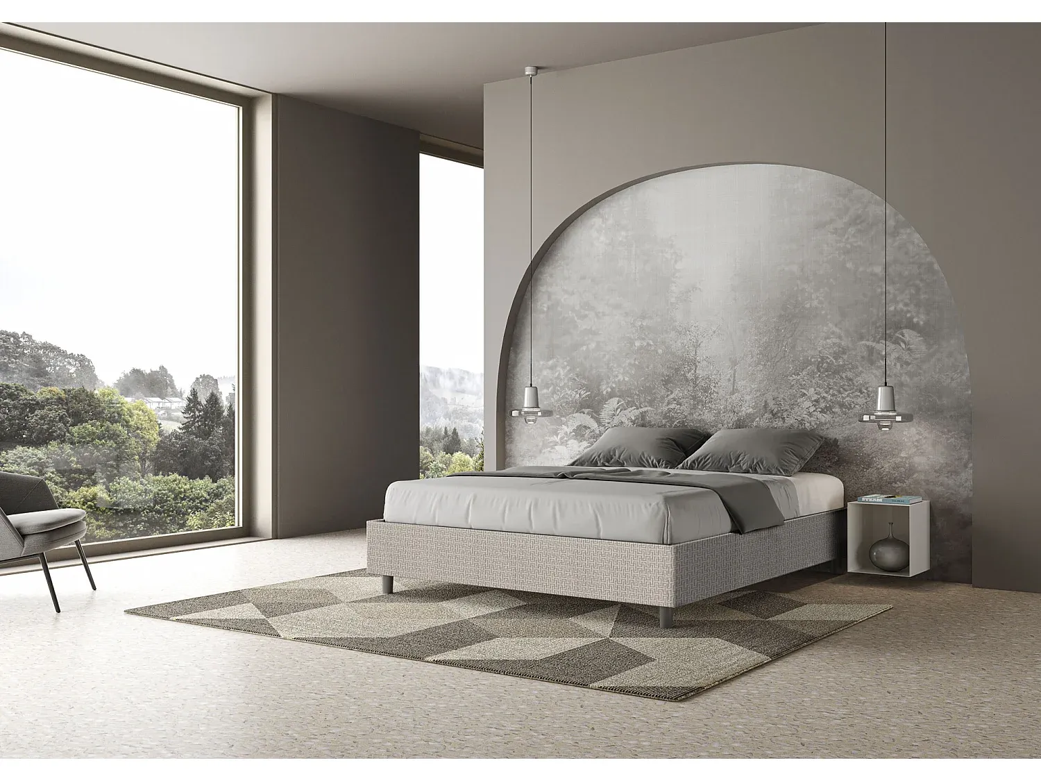 Gepolstertes Bett mit Bettkasten und Stoffbezug in Weiß 160x190