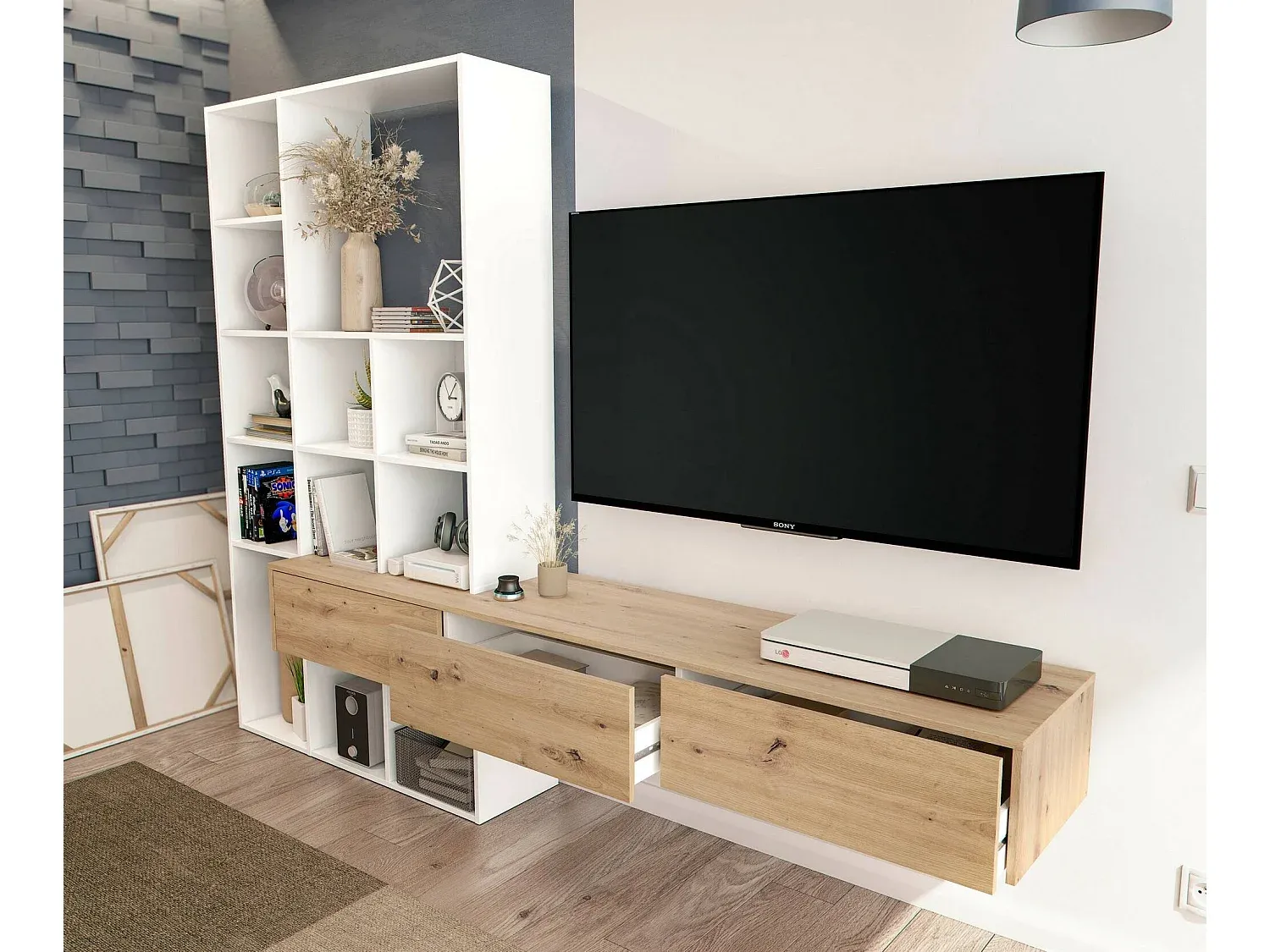 Modularer Wohnzimmerschrank mit Regalen und Schubladen, weiß und Eiche