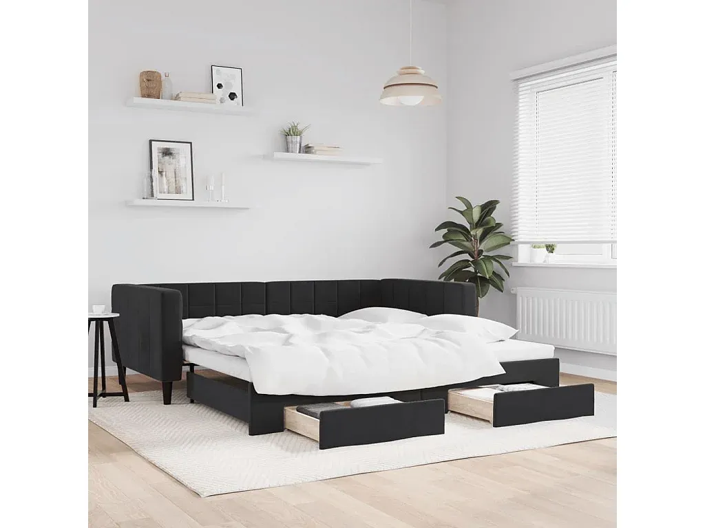 Ausziehbares Tagesbett mit Schubladen, Schwarz, 90x190 cm, Samt