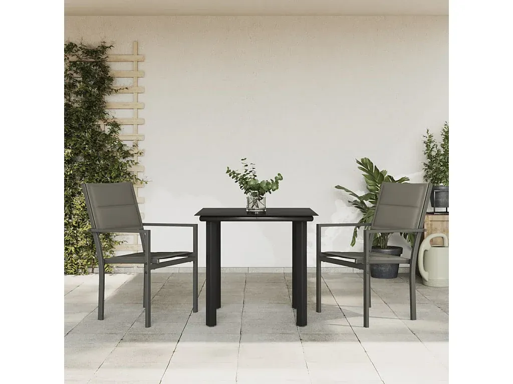 Garten-Essgruppe aus Stahl und Textilene in Schwarz, dreiteilig