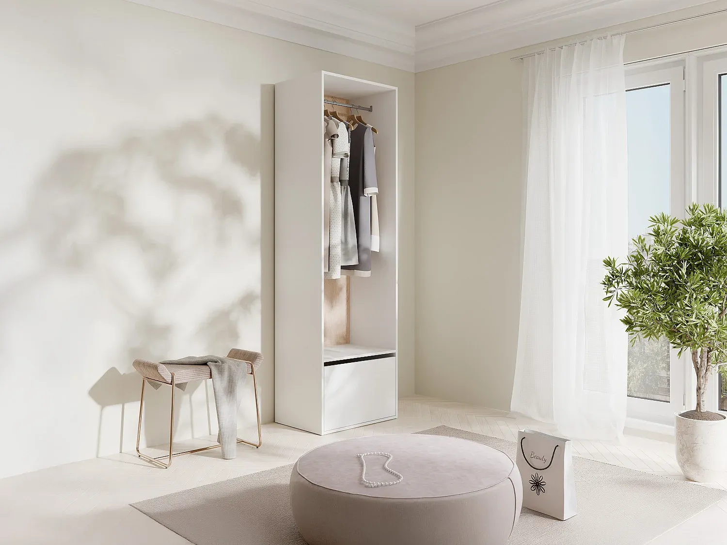 Kleiderschranksystem 60 cm in Weiß und Holzoptik