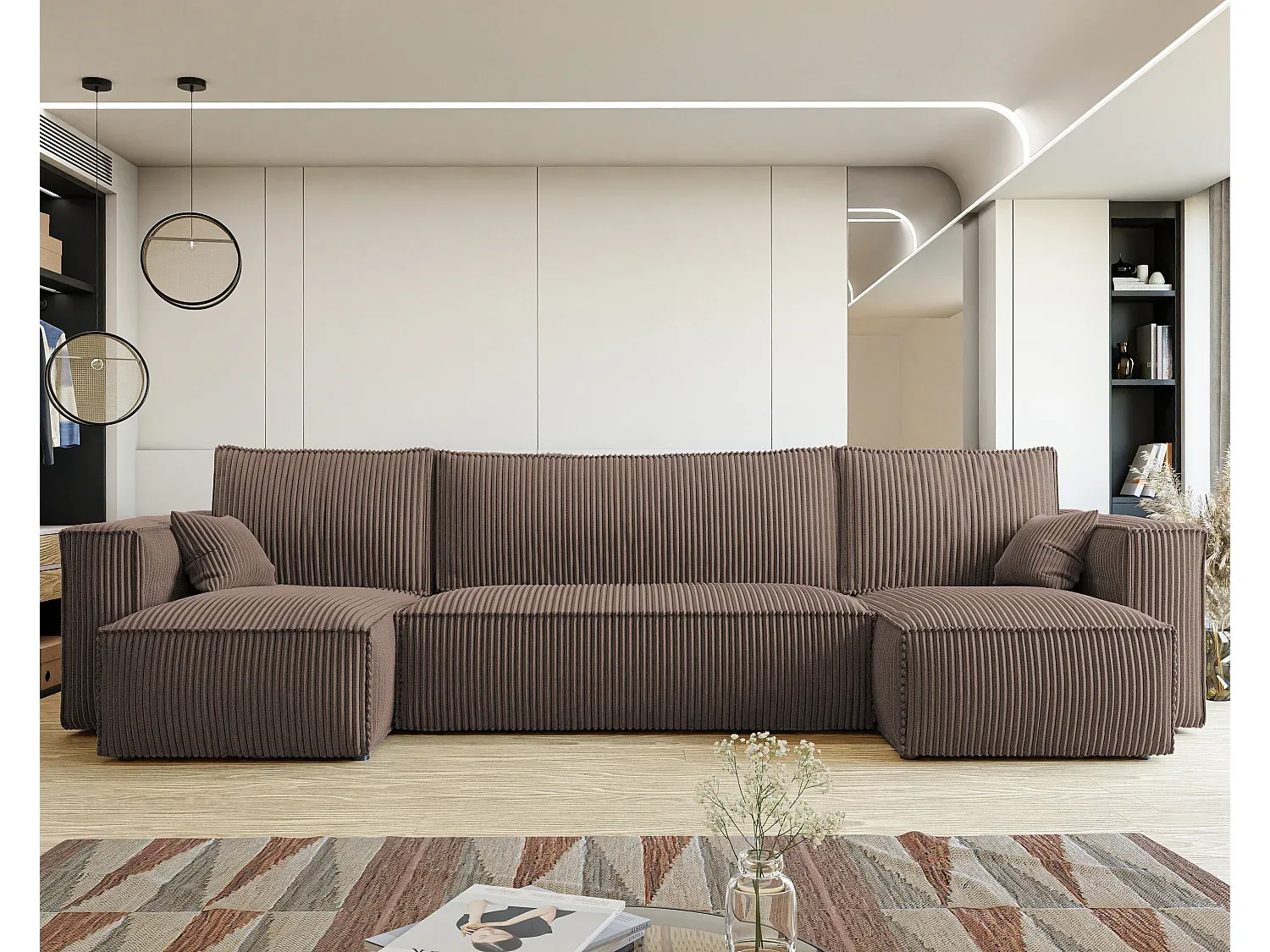 Bequemes U-förmiges Schlafsofa aus braunem Stoff