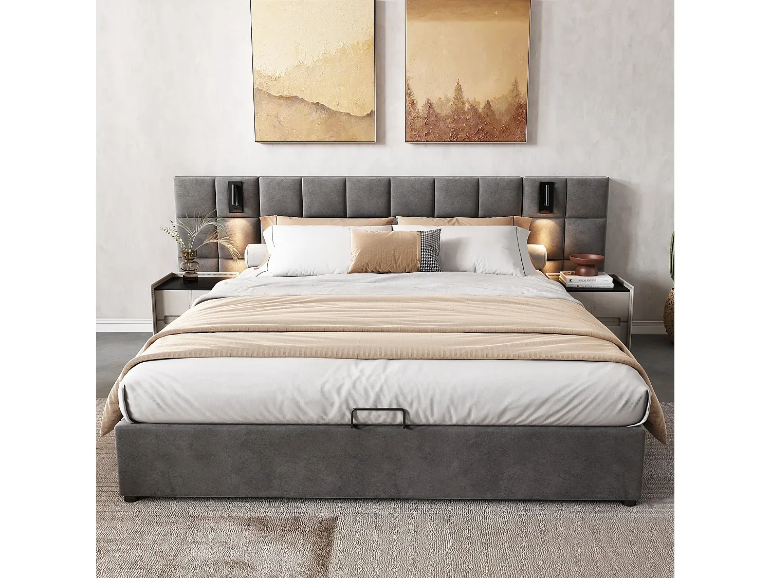 Hydraulisches Stauraumbett 160 x 200 cm mit Lampe und USB in Grau