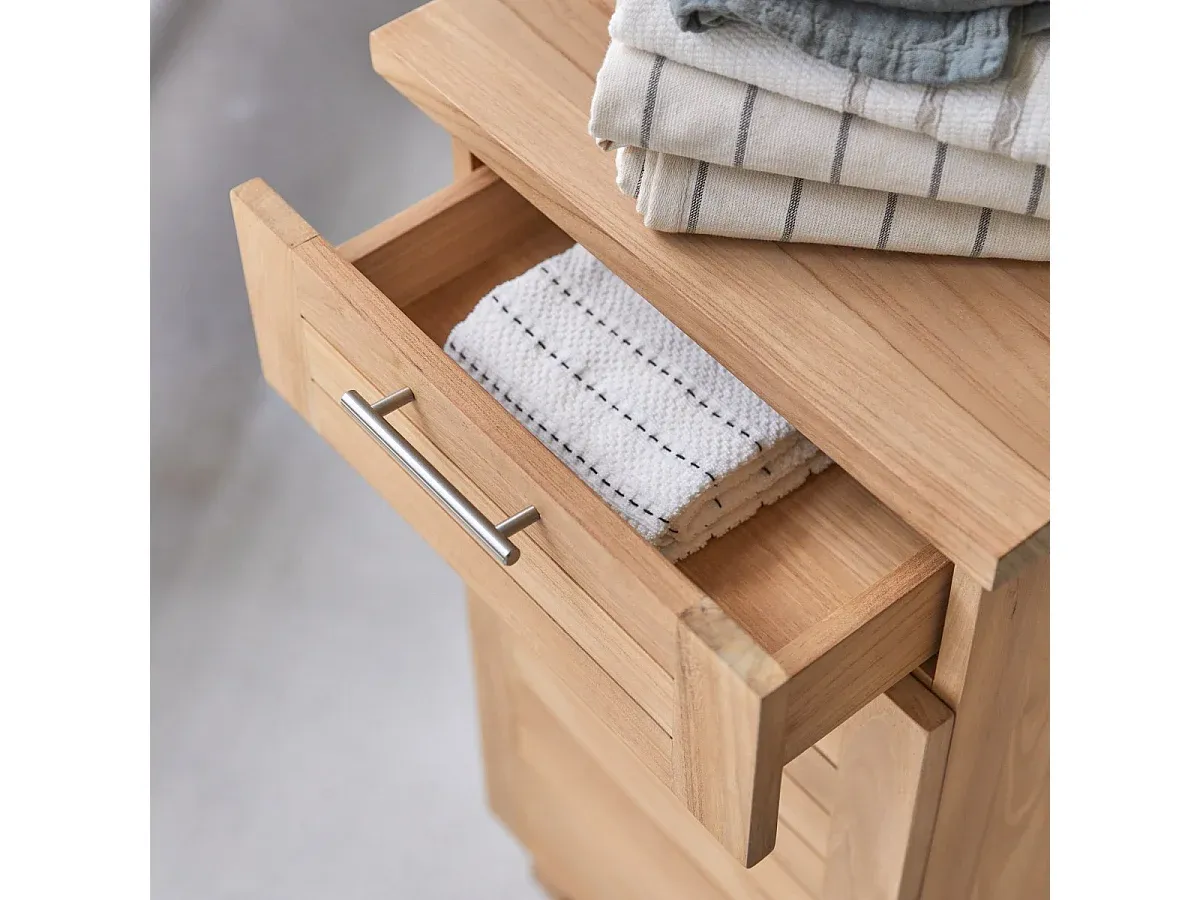 Kompakter Badezimmerhochschrank aus massivem Teakholz