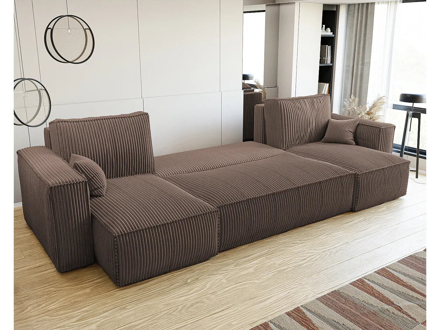 Bequemes U-förmiges Schlafsofa aus braunem Stoff