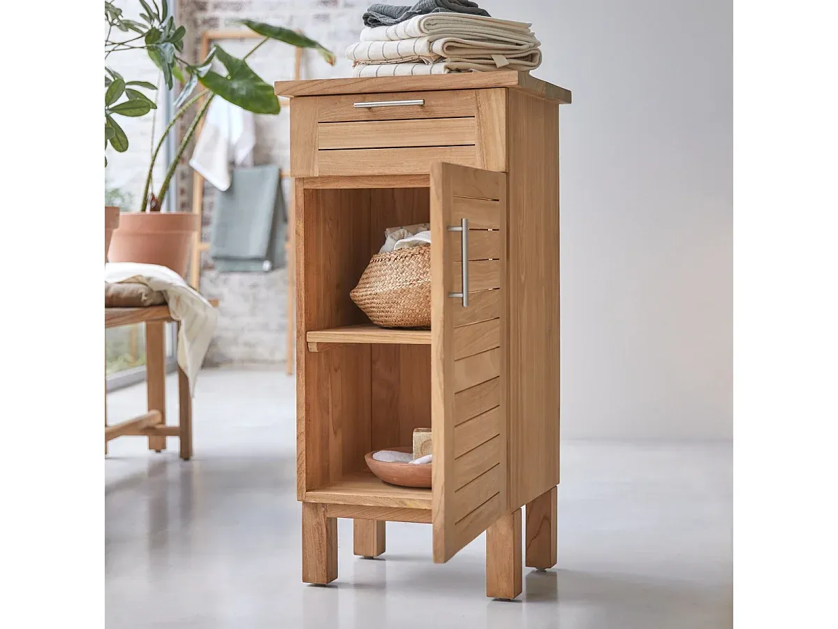 Kompakter Badezimmerhochschrank aus massivem Teakholz