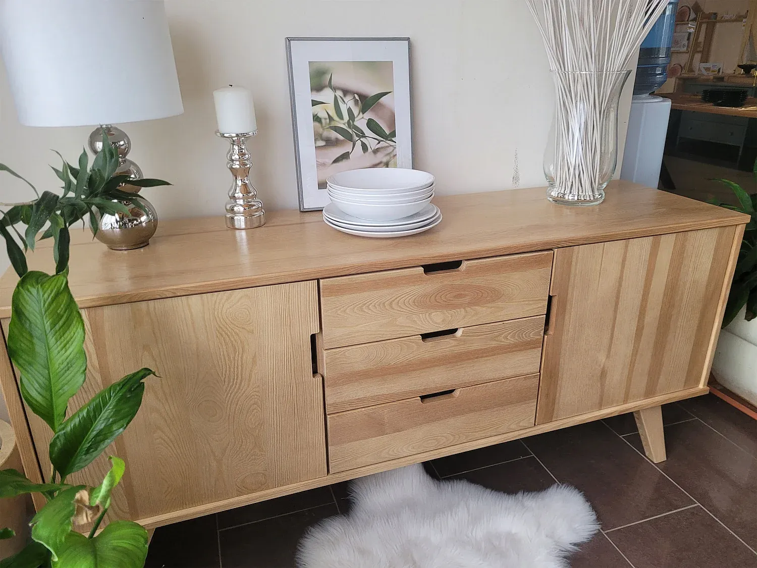 Massivholz Kommode mit Schubladen, Eicheoptik, 160 cm