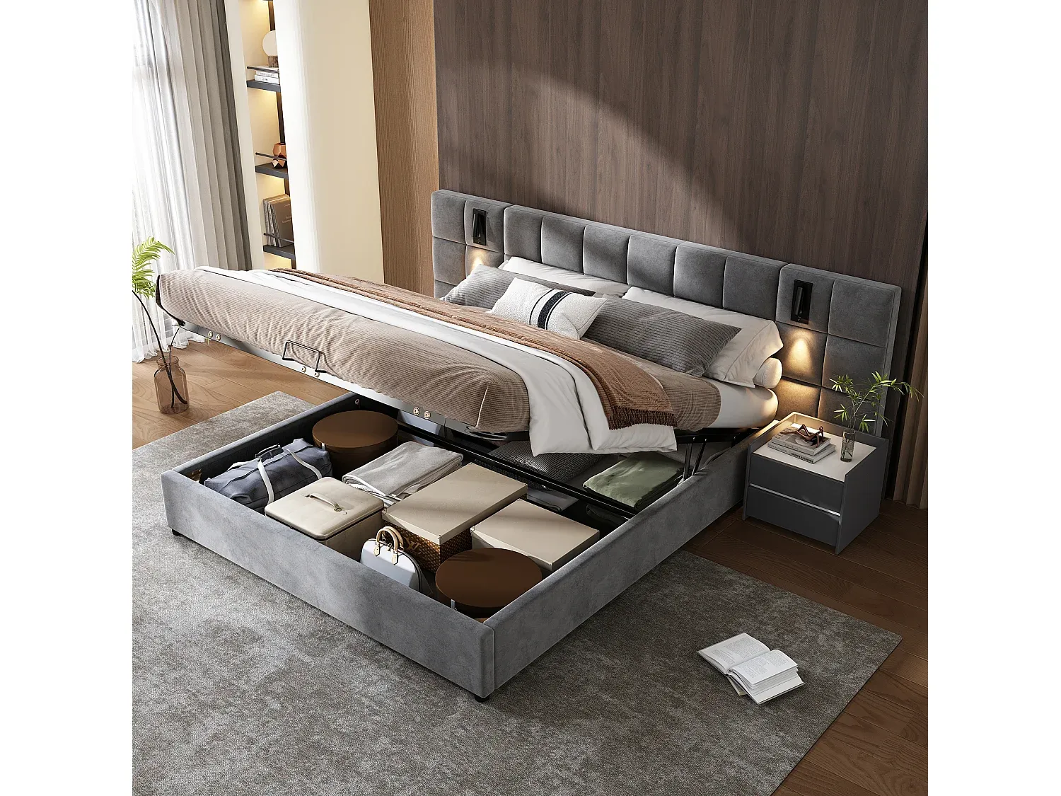 Hydraulisches Stauraumbett 160 x 200 cm mit Lampe und USB in Grau