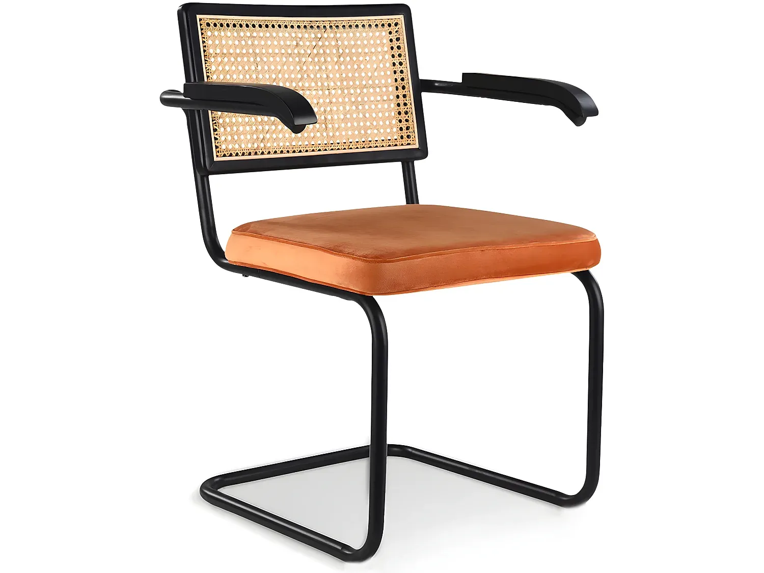 Komfortabler Esszimmerstuhl mit Armlehnen aus Samt und Rattan