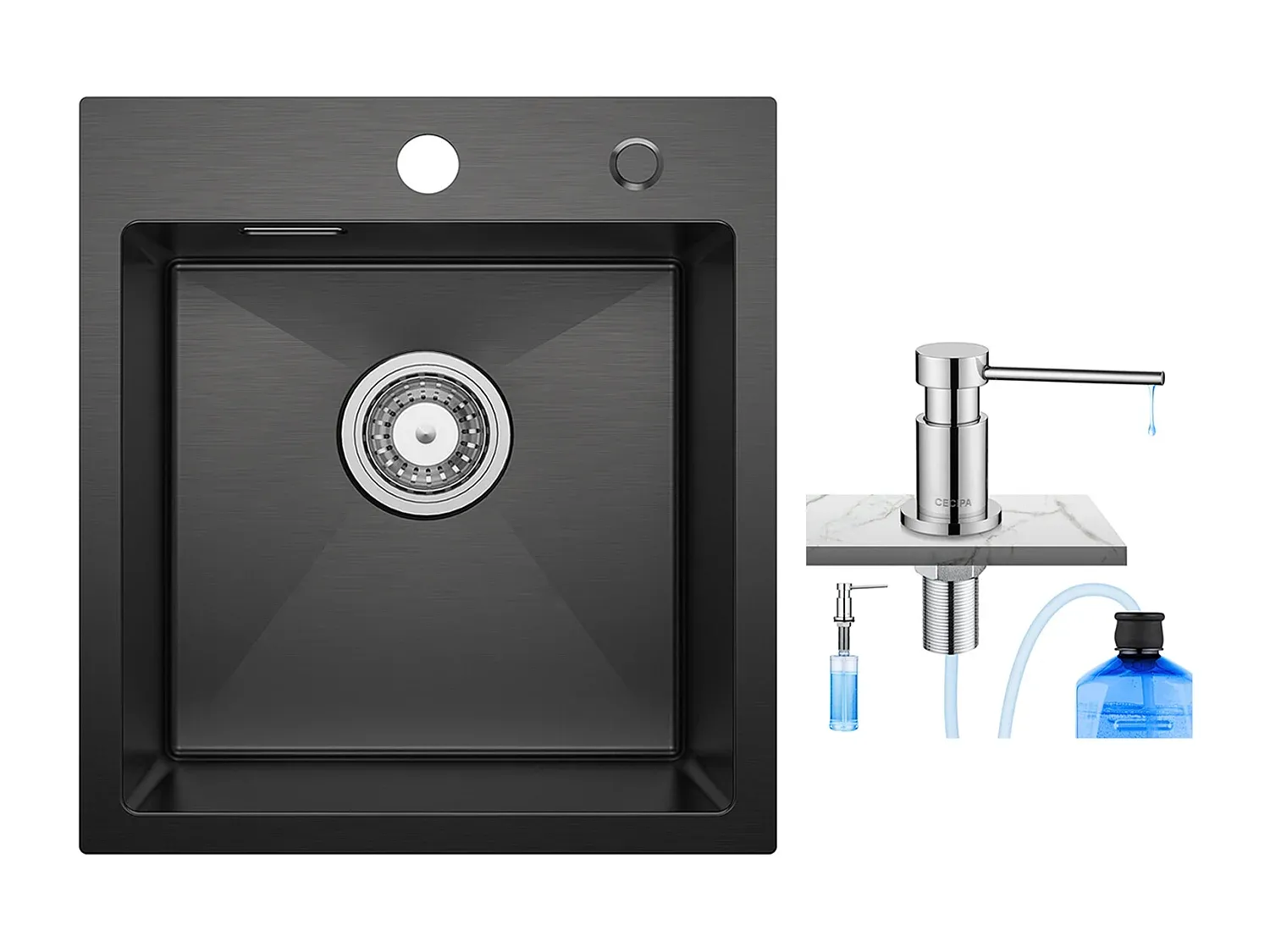 Einzelbecken Küchenspüle Schwarz Anthrazit mit Seifenspender