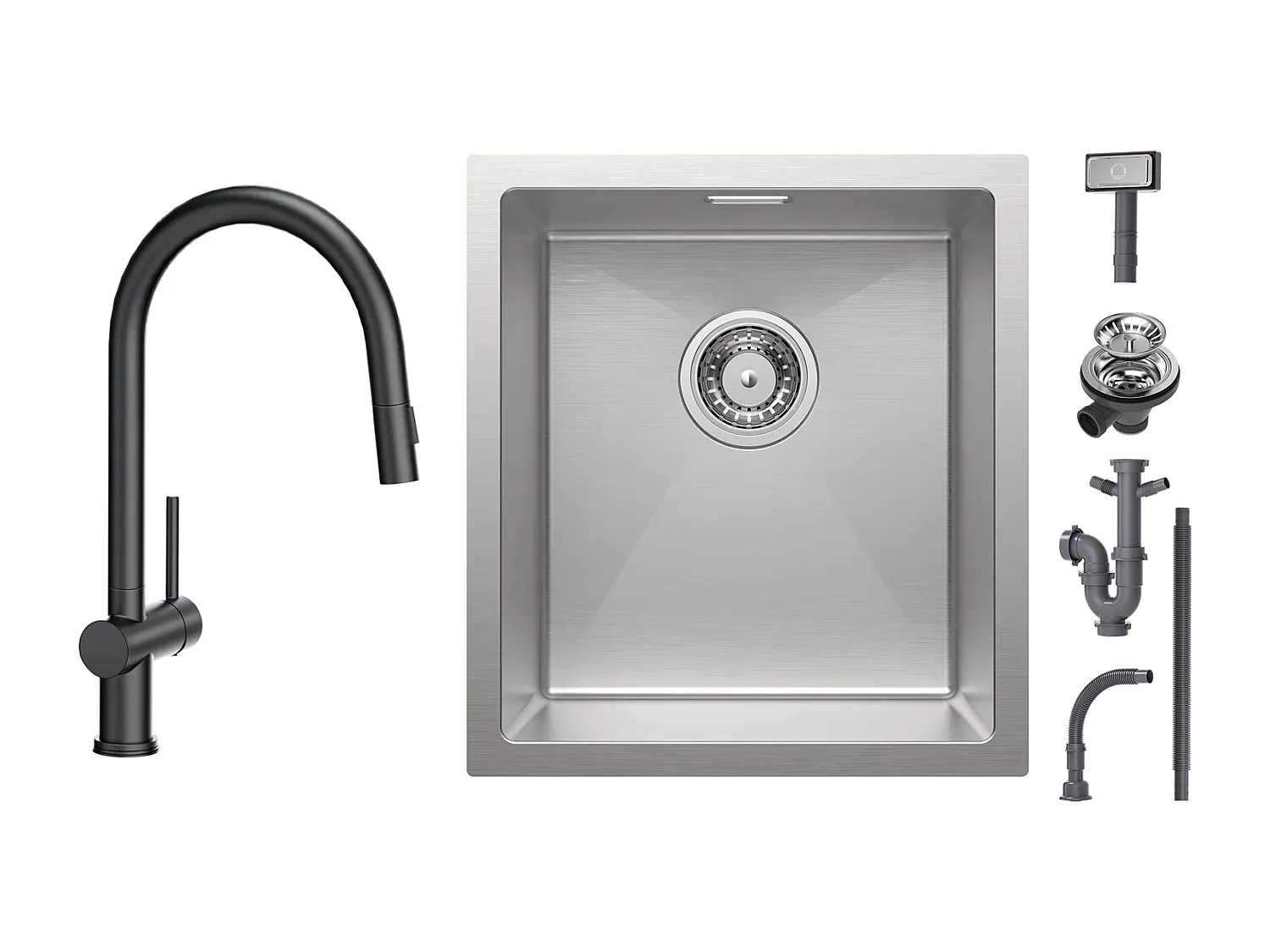 Küchenspüle Edelstahl 1 Becken mit Mischbatterie und ausziehbarer Brause, Schwarz