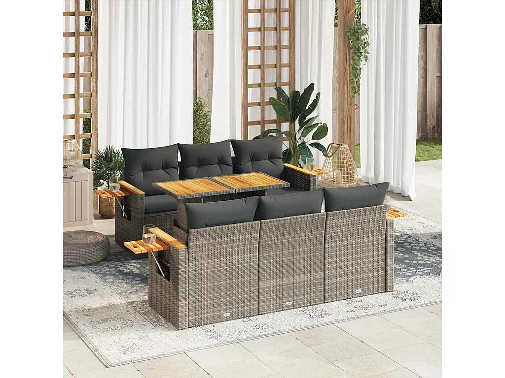 Moderne Garten-Sofagarnitur mit Kissen, Grau, Rattan-Holz-Mix
