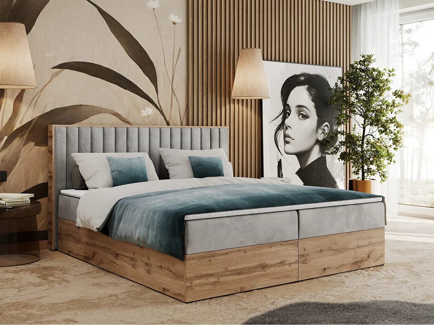 Boxspringbett mit Stauraum und genähtem Kopfteil - 140x200 cm - H3 - Hellgrau Velvet