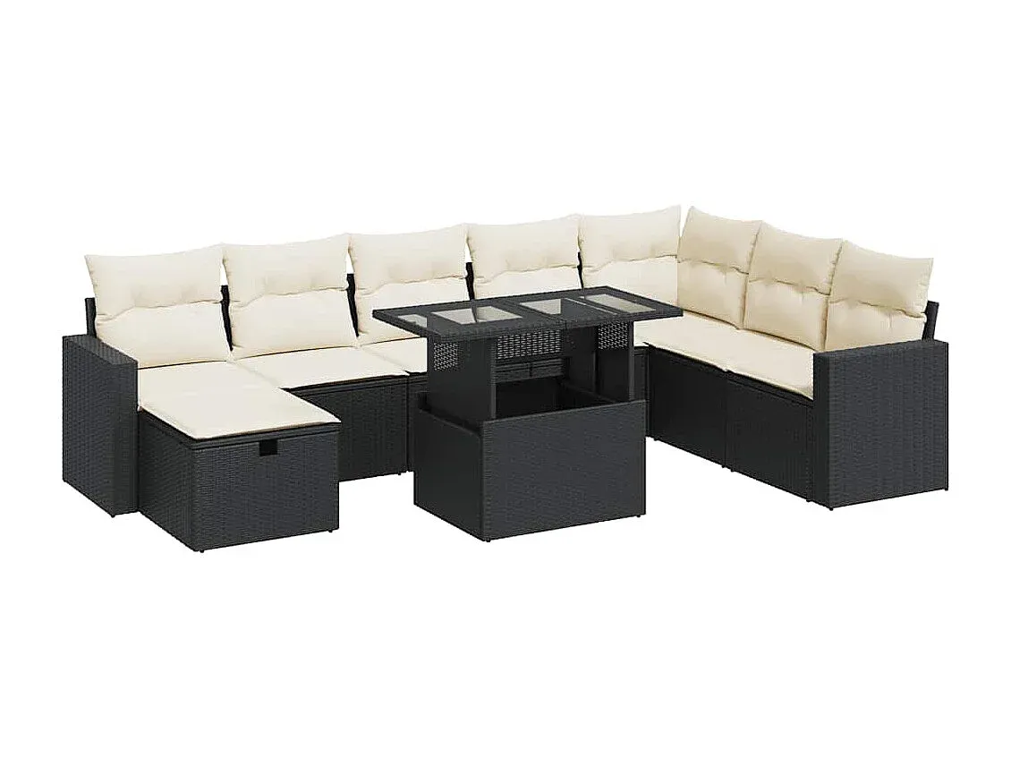 Moderne Garten-Sofagarnitur aus Poly Rattan mit Kissen, 9-teilig