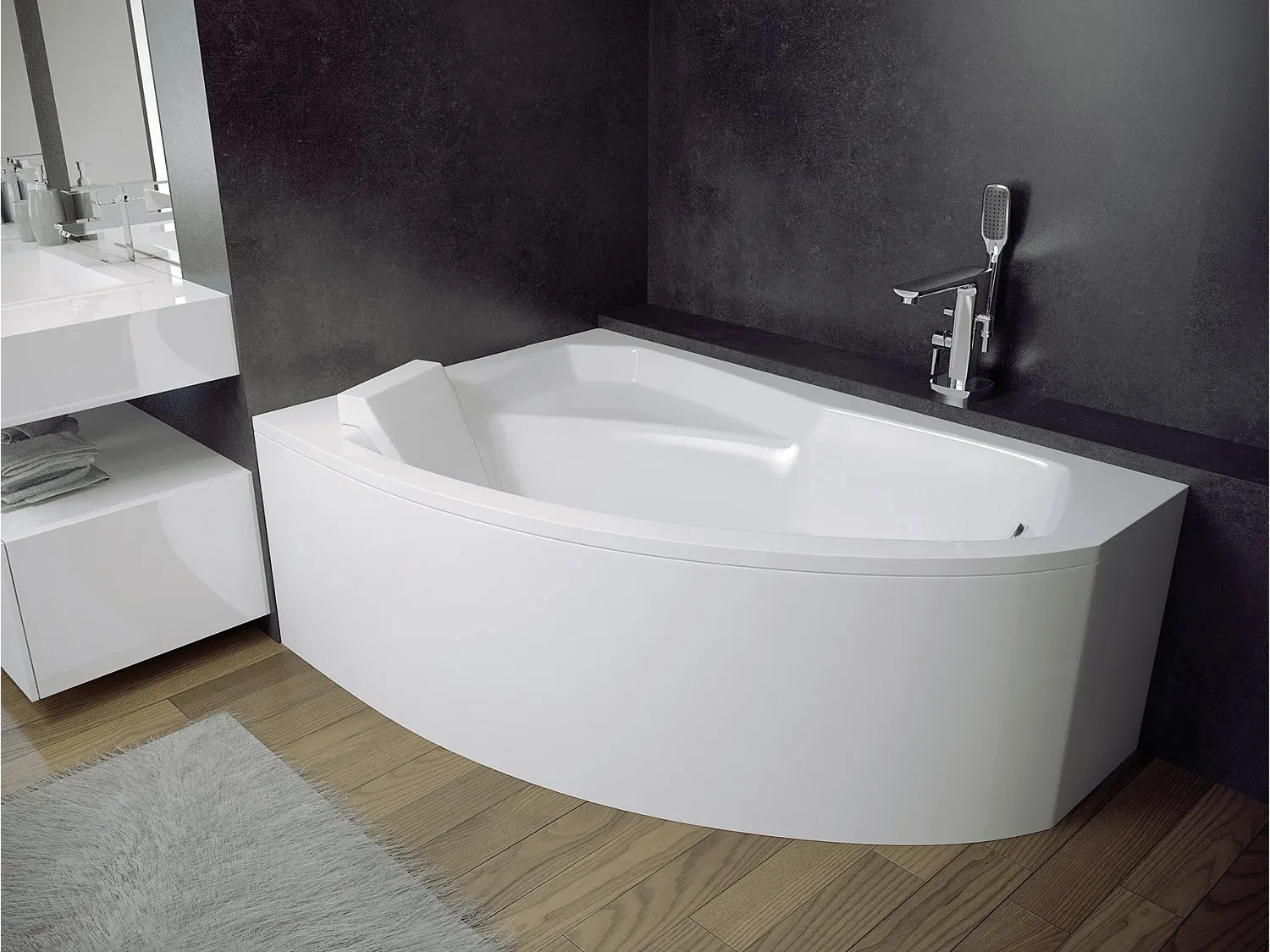 Eckbadewanne 160x100 Links mit Acrylschürze und Kopfstütze