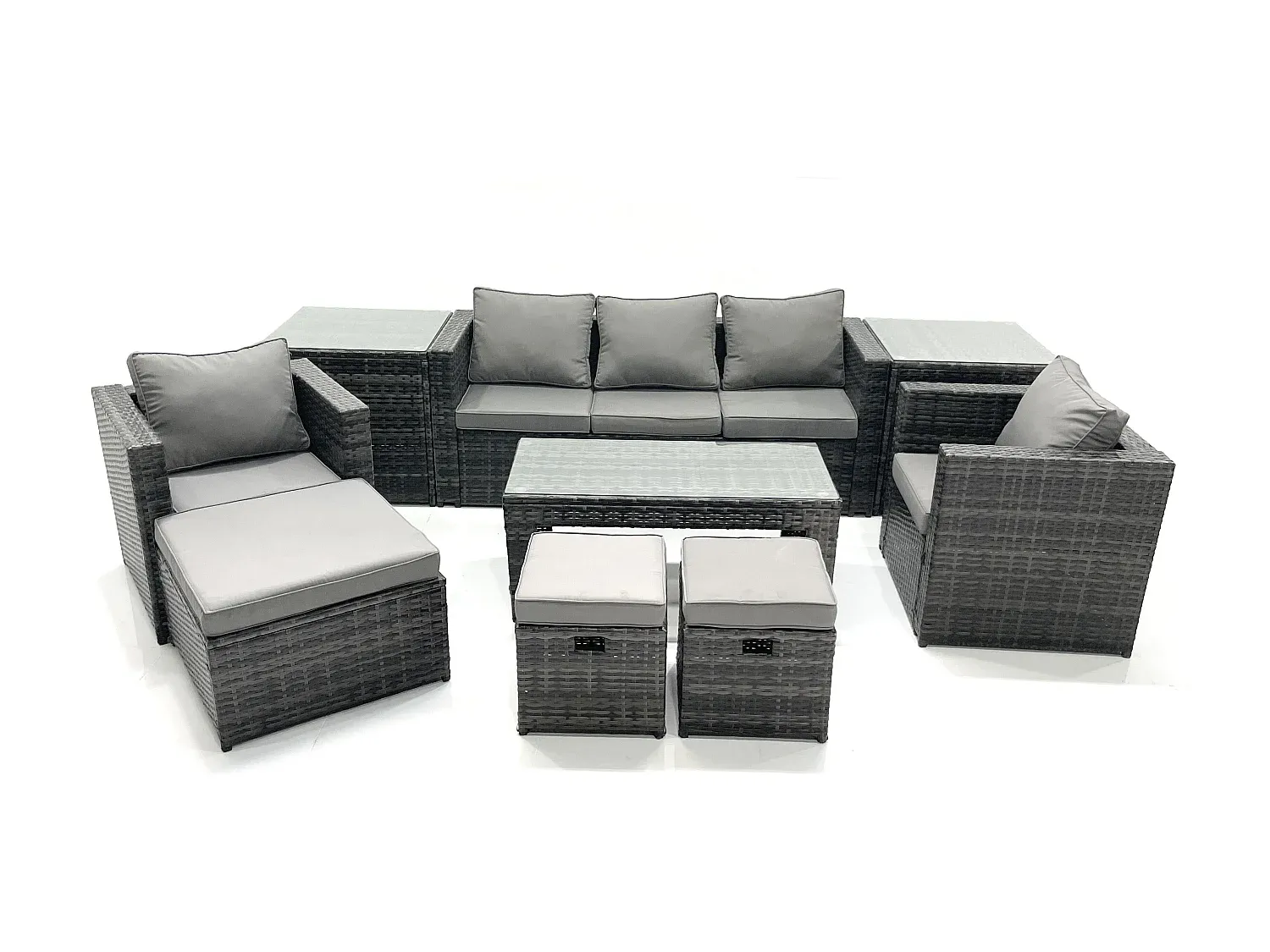 Großes Polyrattan Gartensofa-Set mit Tisch und Sesseln, Dunkelgrau