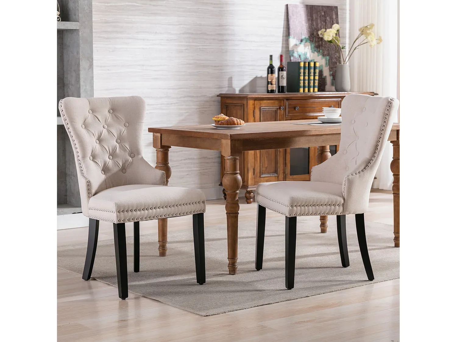 Set aus 2 Esszimmerstühlen mit Leinenbezug und Eichenbeinen, beige