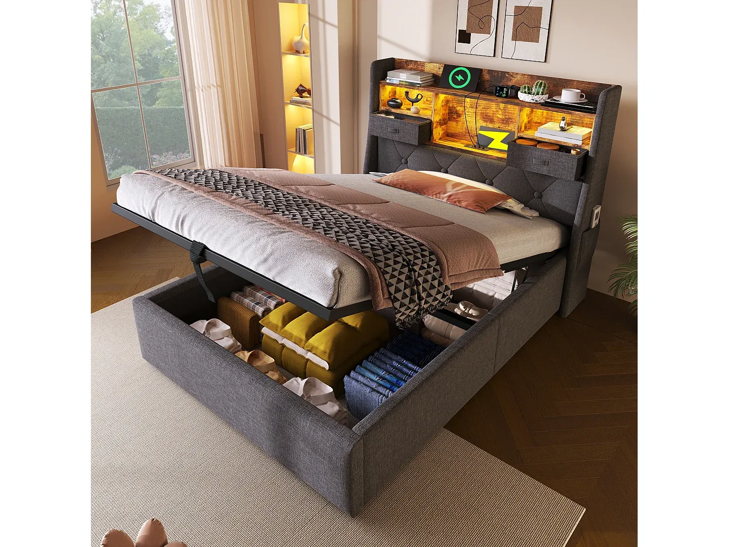 Stauraumbett 160 x 200 cm mit Taschen und Schubladen, in Grau