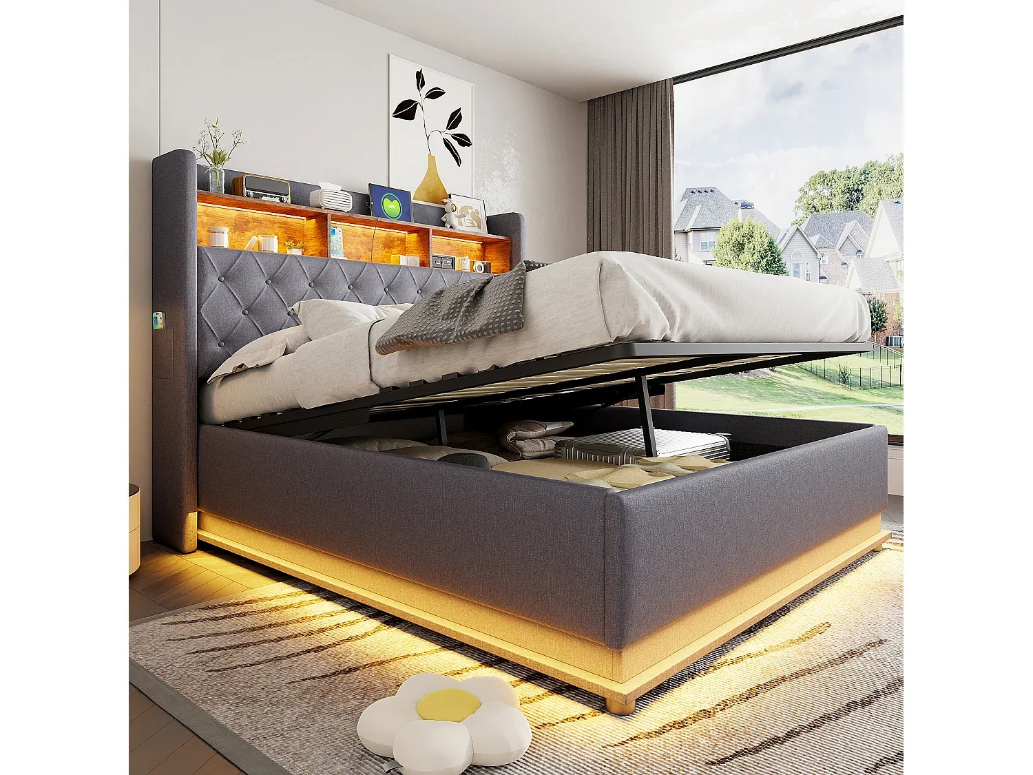 Bett mit Stauraum und USB-Ladefunktion, grauer Leinenstoff, mit LEDs